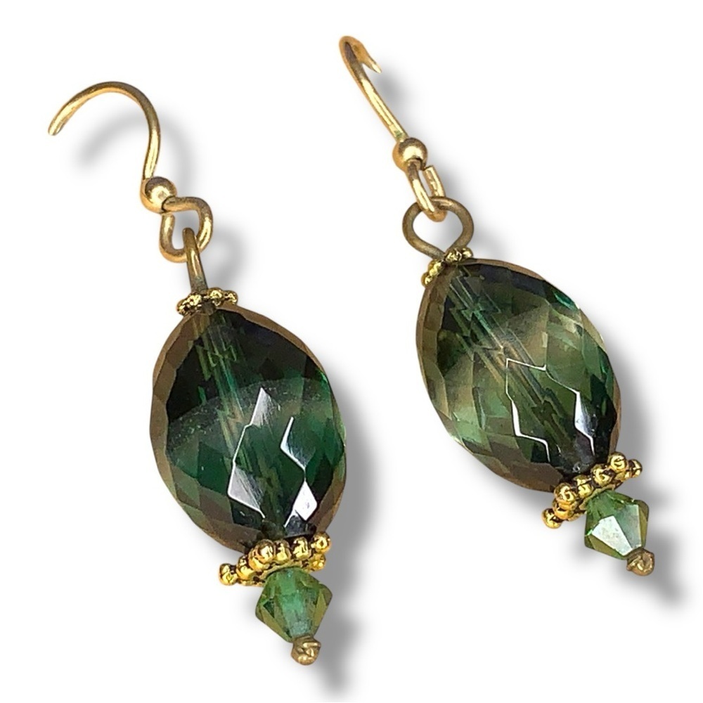 Green And Gold Beaded Dangle Style Earrings Boho Bohemian Art Deco Style